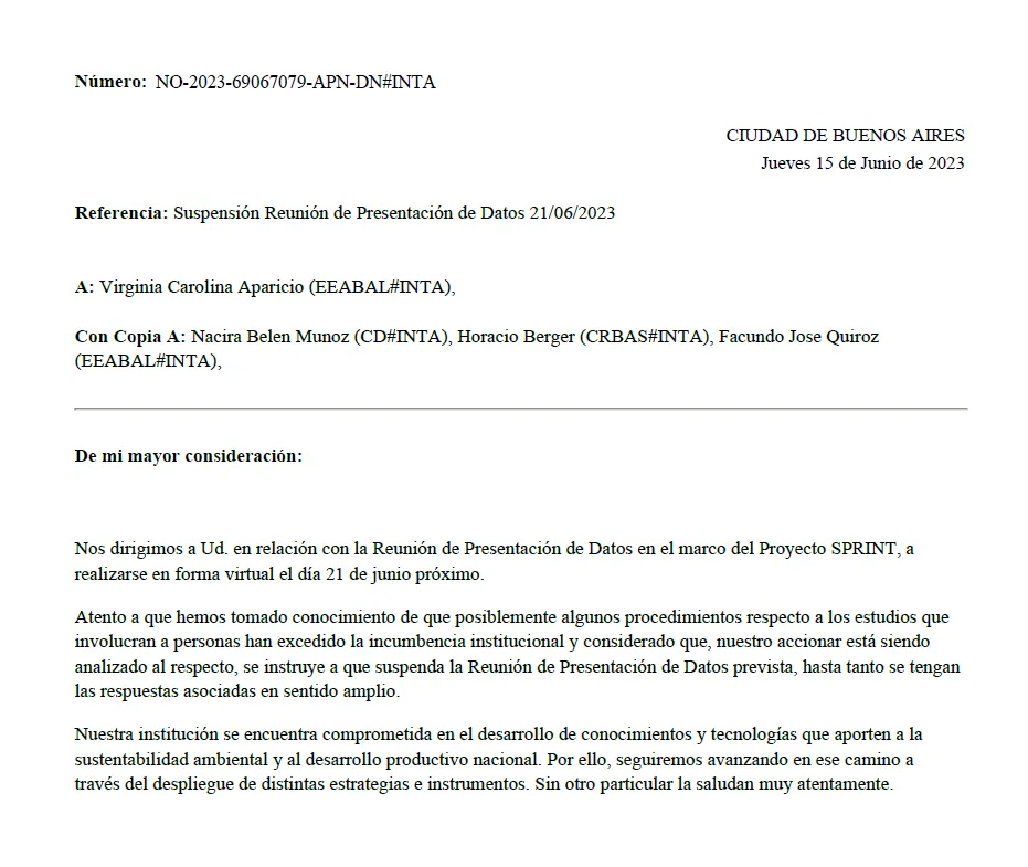 Nota enviada por el Director Nacional del INTA a la Dra. Virginia Aparicio